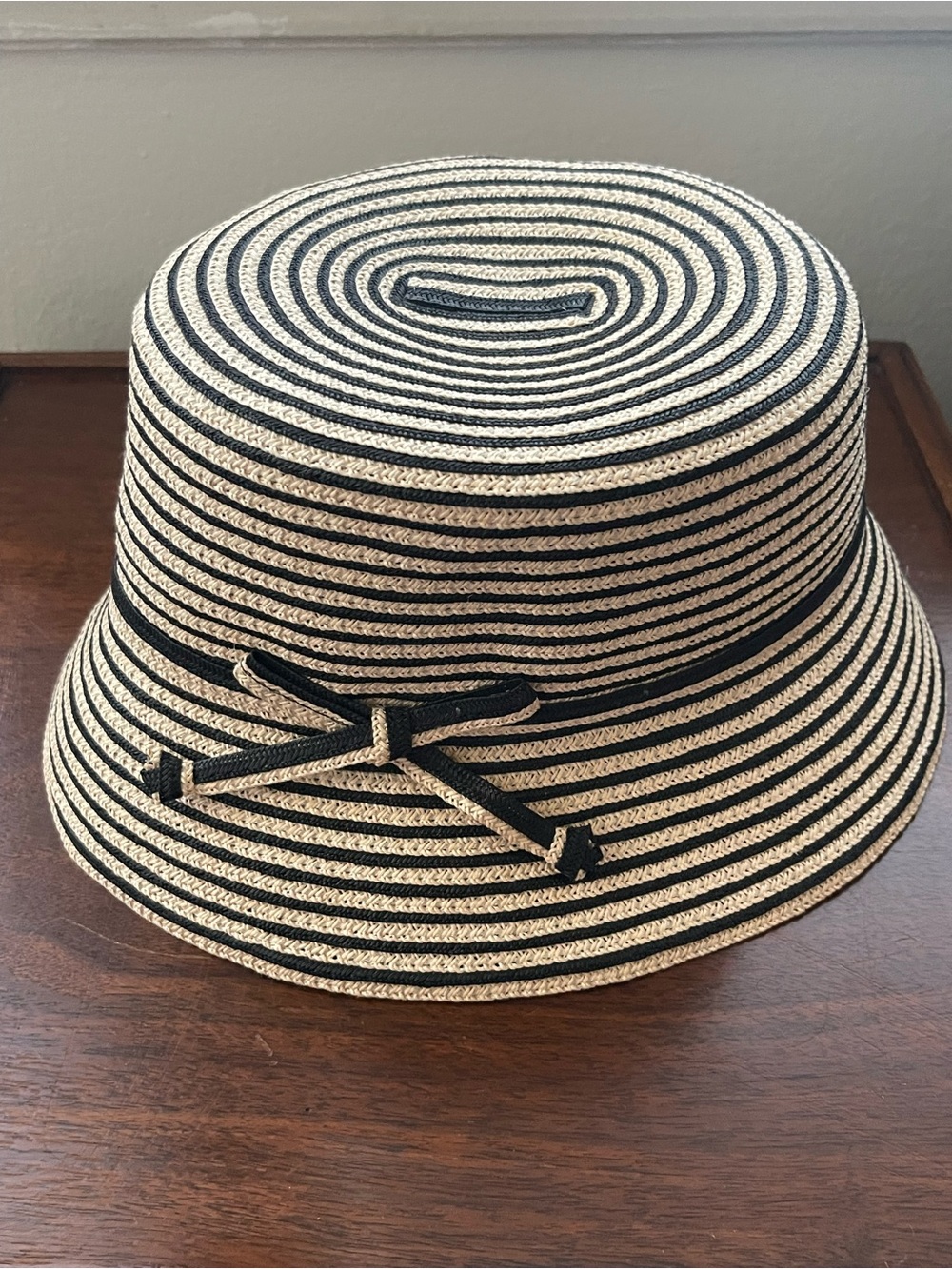 Liz Claiborne Black & Natural Striped Straw Bucket Hat with Knot Detail - Picture 3 of 5